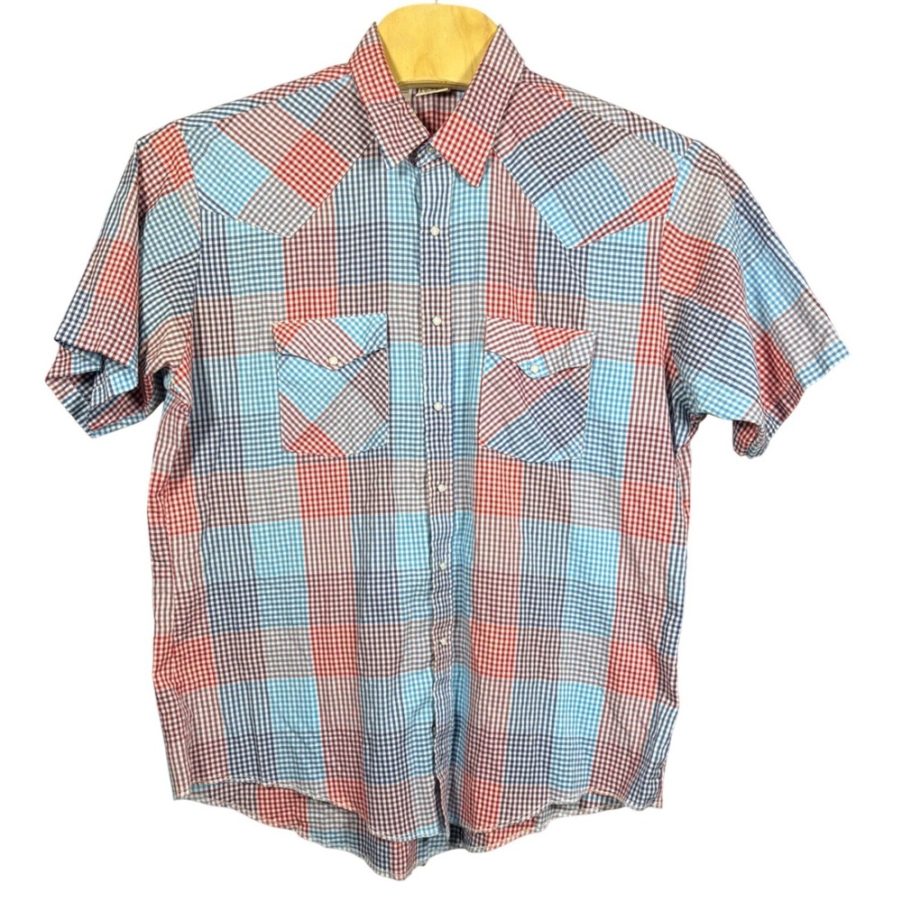 Western Frontier Shirt Mens XL Short Sleeve Pearl Snap Red Blue White Plaid USA